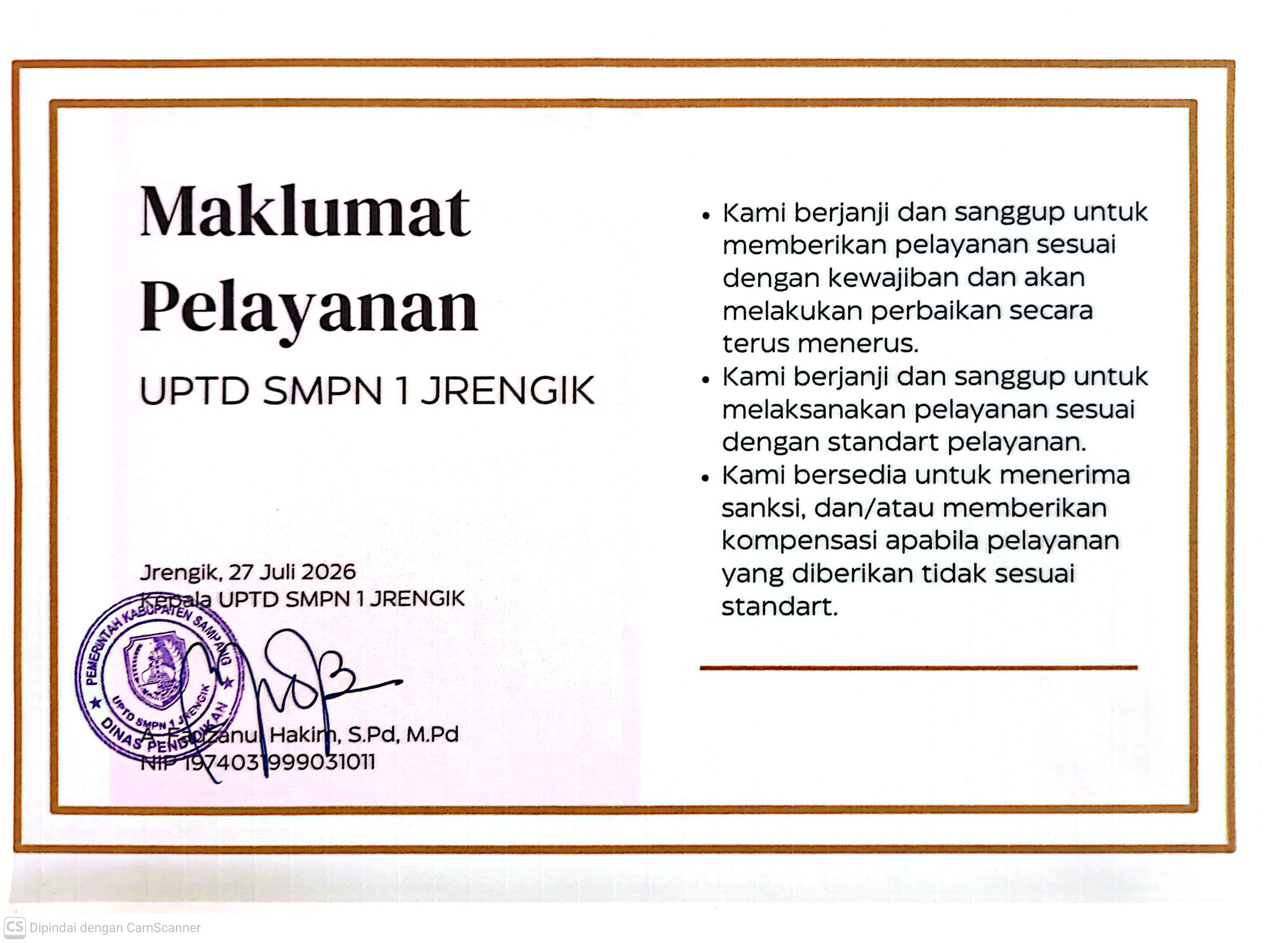 Dokumen Maklumat Pelayanan UPTD SMPN 1 Jrengik